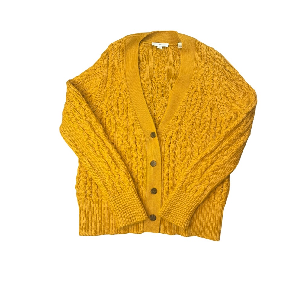 Vince Mustard Yellow Cable Knit V-Neck Button Front Cardigan Sweater Large